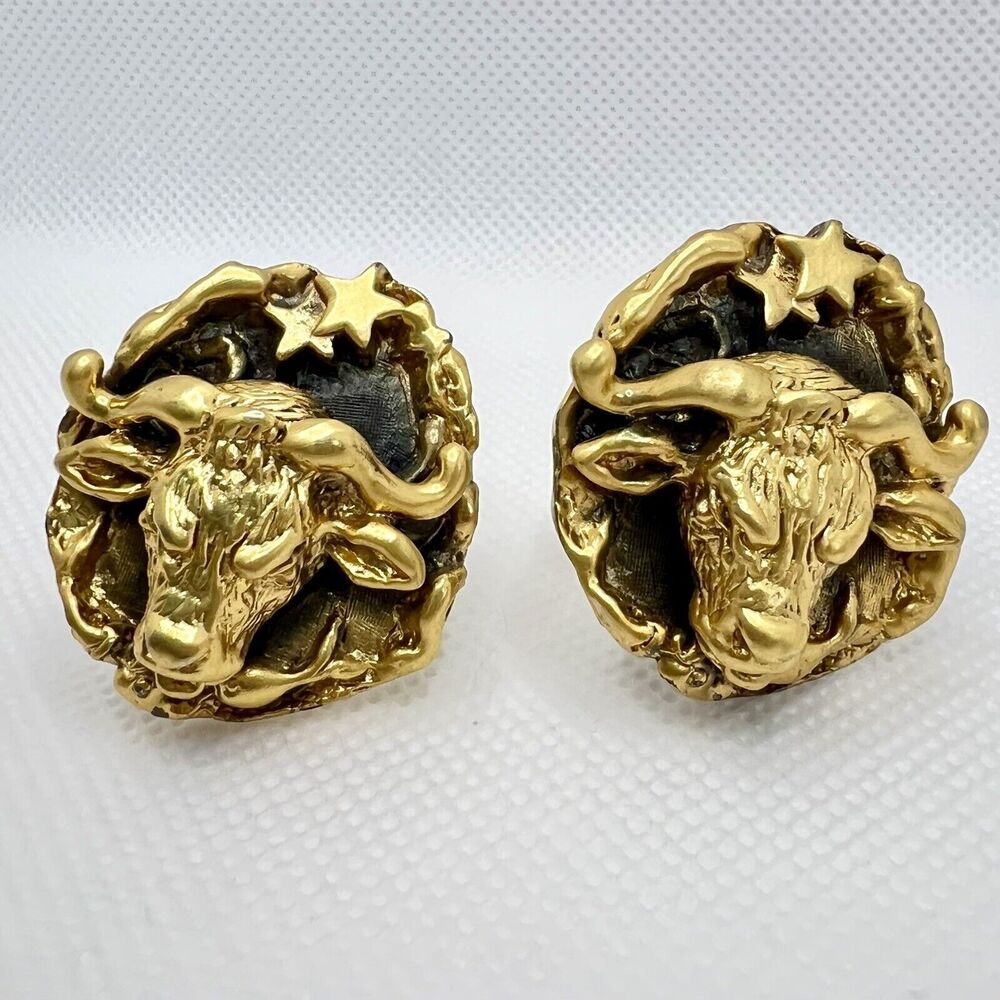 Vintage Frank Tortolani Crislu Cuff Links Goldtone Taurus Bull Zodiac